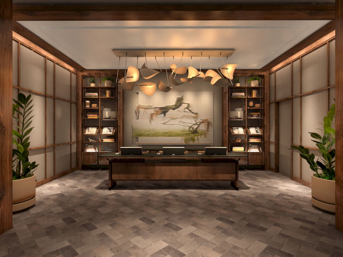 A stylish reception area features a wooden desk, modern lighting, artwork of horses, bookshelves, and potted plants for an elegant ambiance.