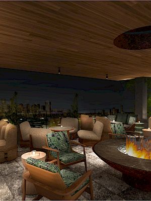 Stylish rooftop lounge with cozy seating, a central fire pit, and a nighttime city view, featuring a wooden ceiling and ambient lighting.