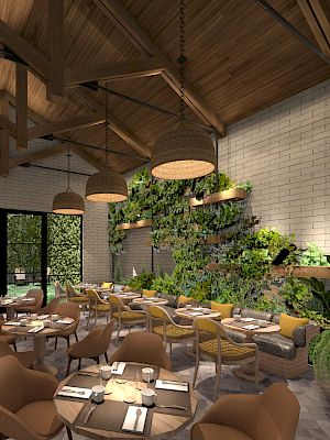 A stylish restaurant interior with wooden ceiling, hanging lights, lush green plants, and neatly arranged tables and chairs.