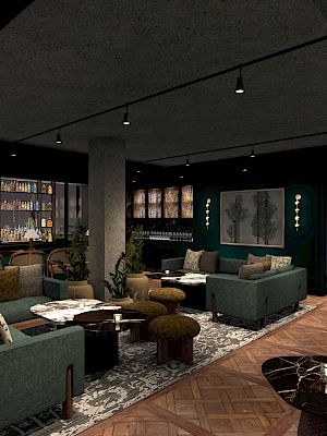A stylish, modern lounge with dark green sofas, a bar area, and ambient lighting, set in a cozy, well-decorated interior space.